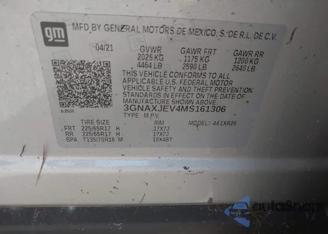 2021 Chevrolet Equinox Fwd 2Fl z USA, uszkodzony, nr VIN 3GNAXJEV4MS161306